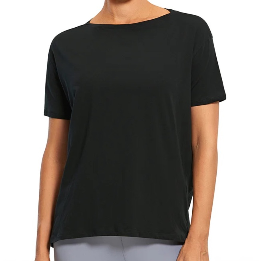 CRZ YOGA Black Pima Cotton Short Sleeve Boat Neck Top
